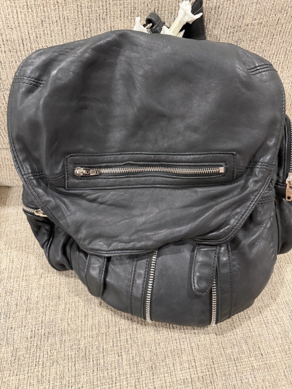 Barneys New York Black Leather Backpack with Silver Zipper Accents